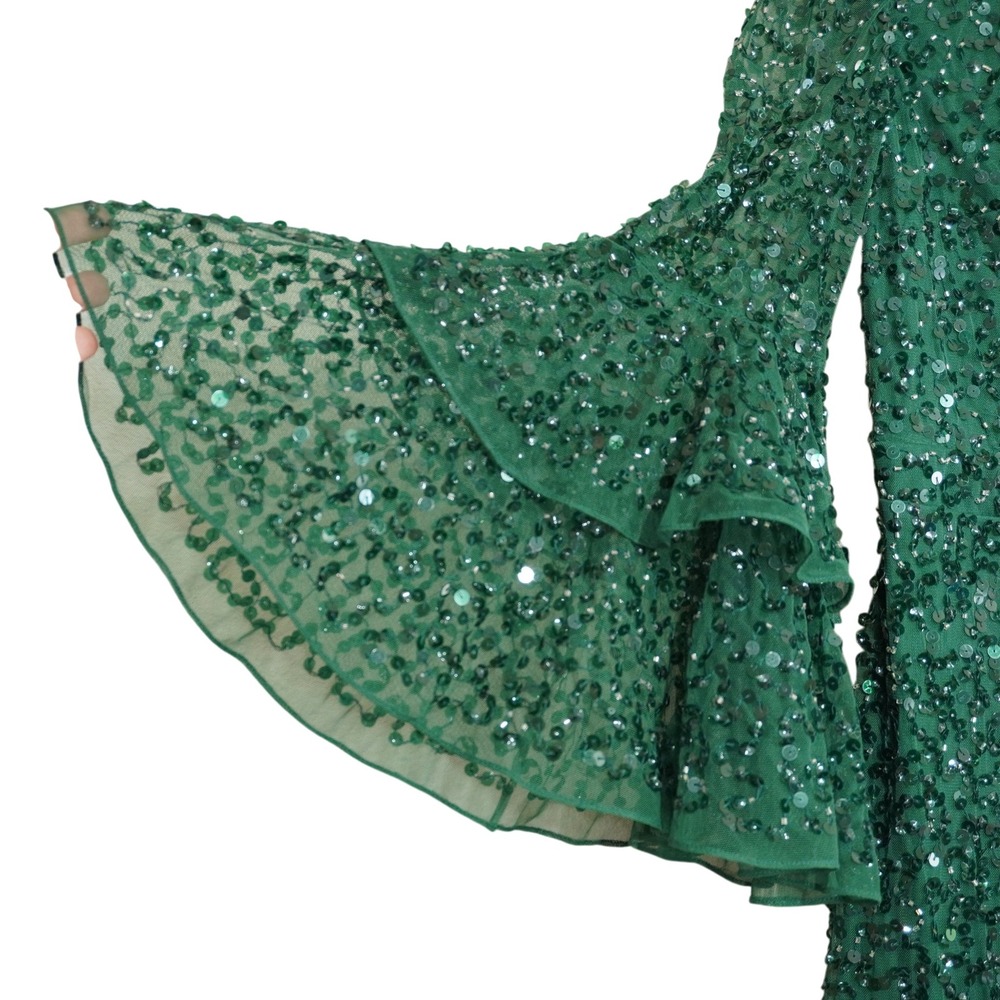 Mac Duggal Emerald Green Sequin Tiered Ruffle Bell Sleeve Midi Dress Size 10 NEW - Picture 5 of 11